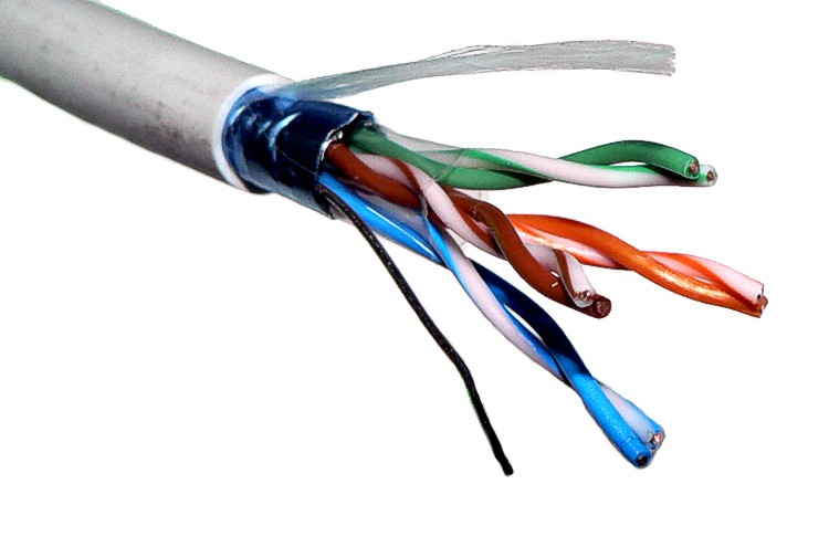 Photograph of stripped F/UTP cable with its overall foil pulled back, exposing twisted pairs and a drain wire
