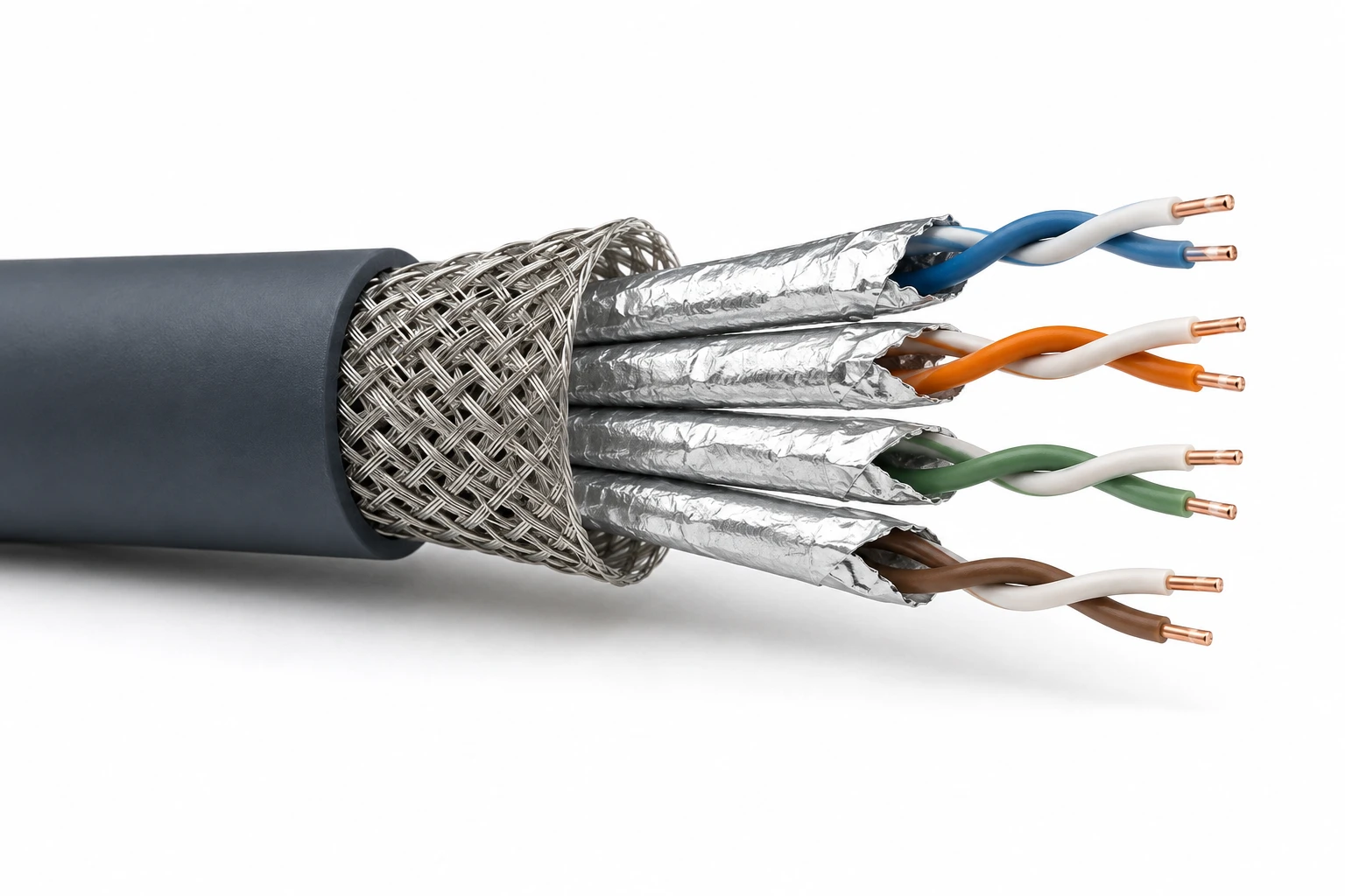 Realistic S/FTP cutaway showing overall woven braid and four individually foil-screened twisted pairs