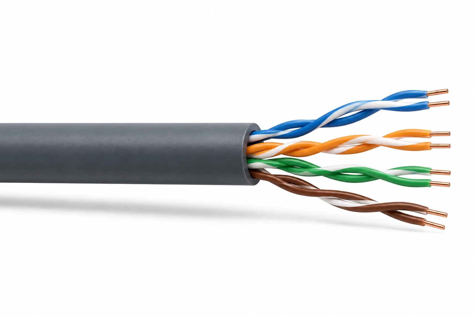 Realistic illustration of an unshielded Ethernet cable with four exposed twisted pairs